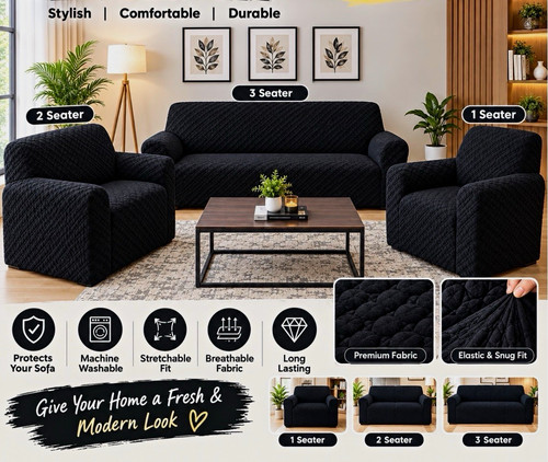 Black solid fabric sofa cover - black,